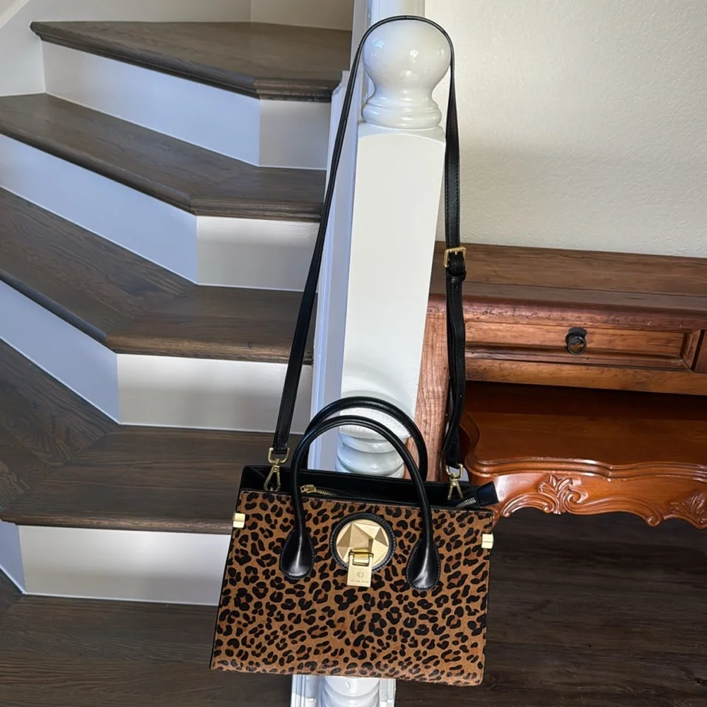 Celine Dion Octave Leopard Print Handbag with Black Accents Leather Satchel.